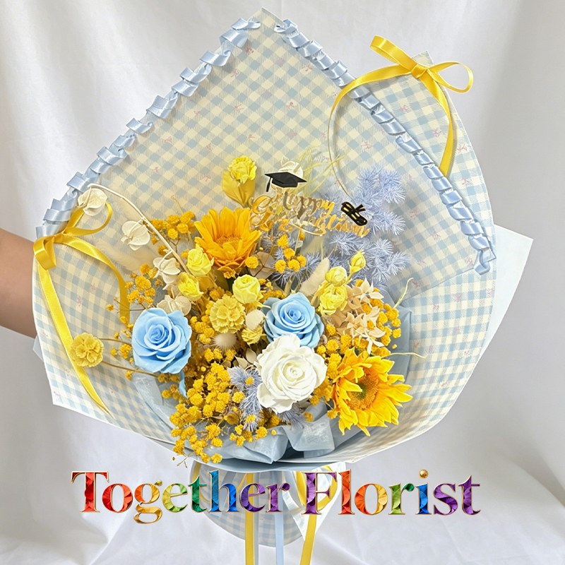 向日葵混搭玫瑰、繡球永生花花束fl0000-YSH005