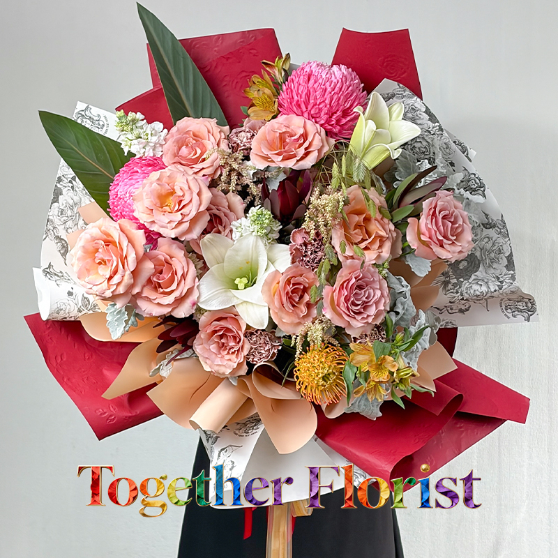 莫泊玫瑰混搭百合，牡丹菊花束fl0000-XH0391