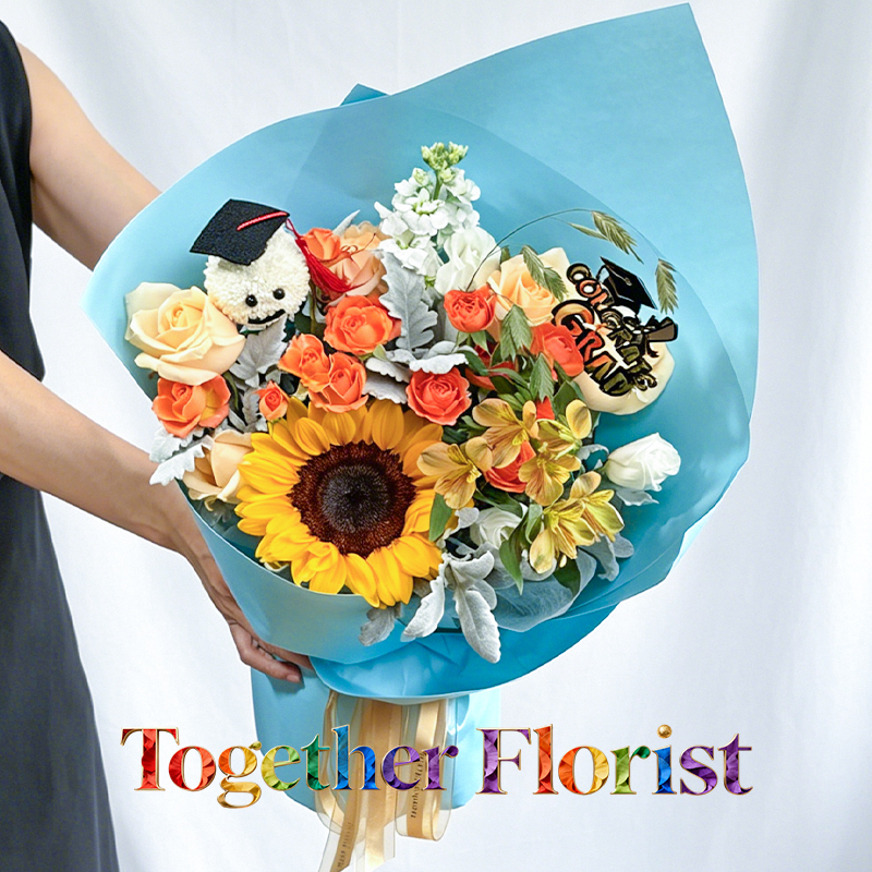 現貨-向日葵混搭乒乓菊，香檳玫瑰花束fl0000-XH0387-260626