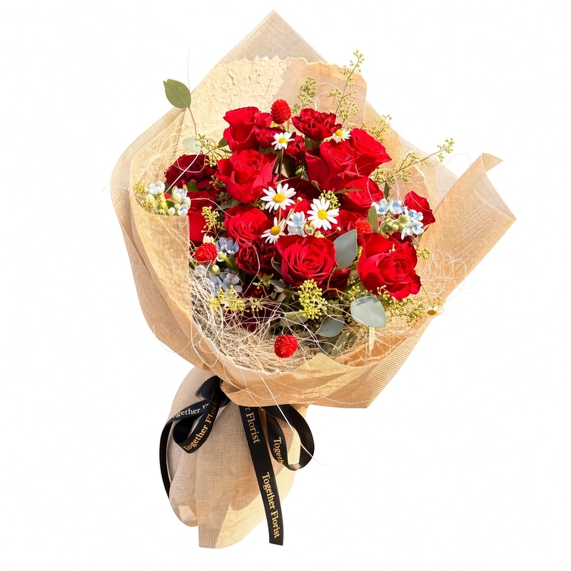 紅色玫瑰混搭蕾絲多頭玫瑰，紅綢康乃馨花束