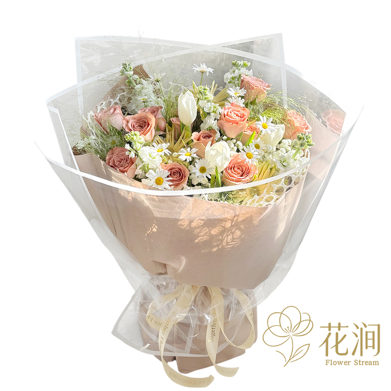鬱金香混搭卡布奇洛玫瑰，拉絲菊花束 fl00028-SF-0023