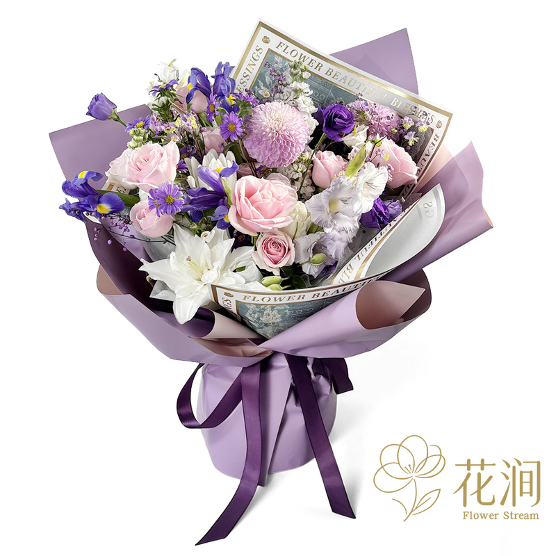乒乓菊混搭粉色玫瑰，鳶尾花束 fl00028-SF-0022