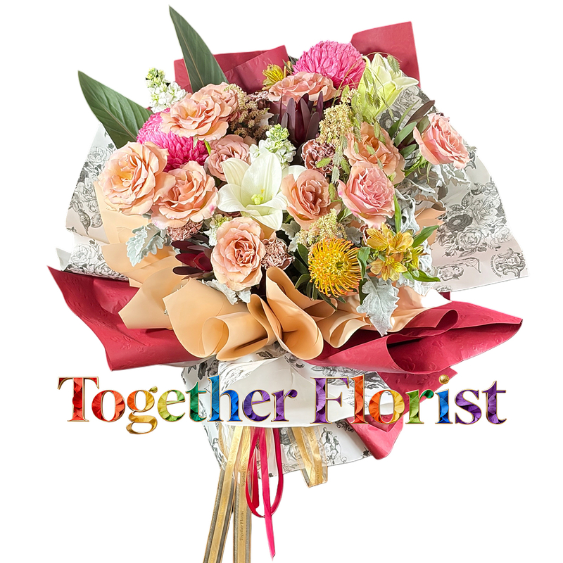 莫泊玫瑰混搭百合，牡丹菊花束
