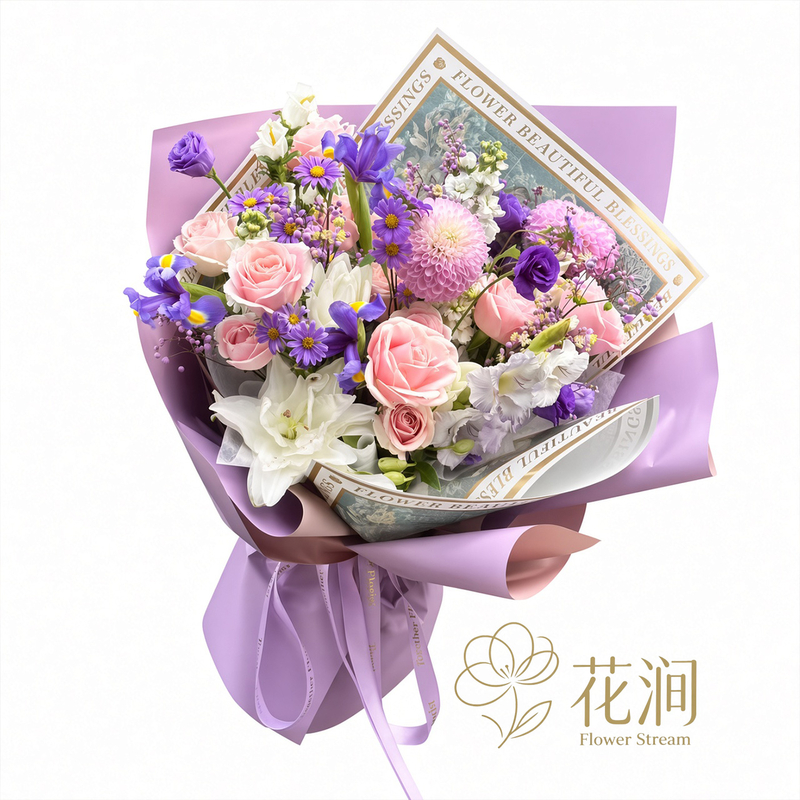 乒乓菊混搭粉色玫瑰，鳶尾花束