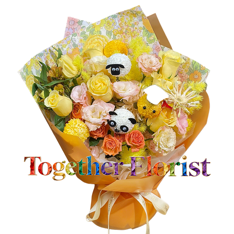 浪漫沙滩玫瑰混搭乒乓菊，拉丝非洲菊花束