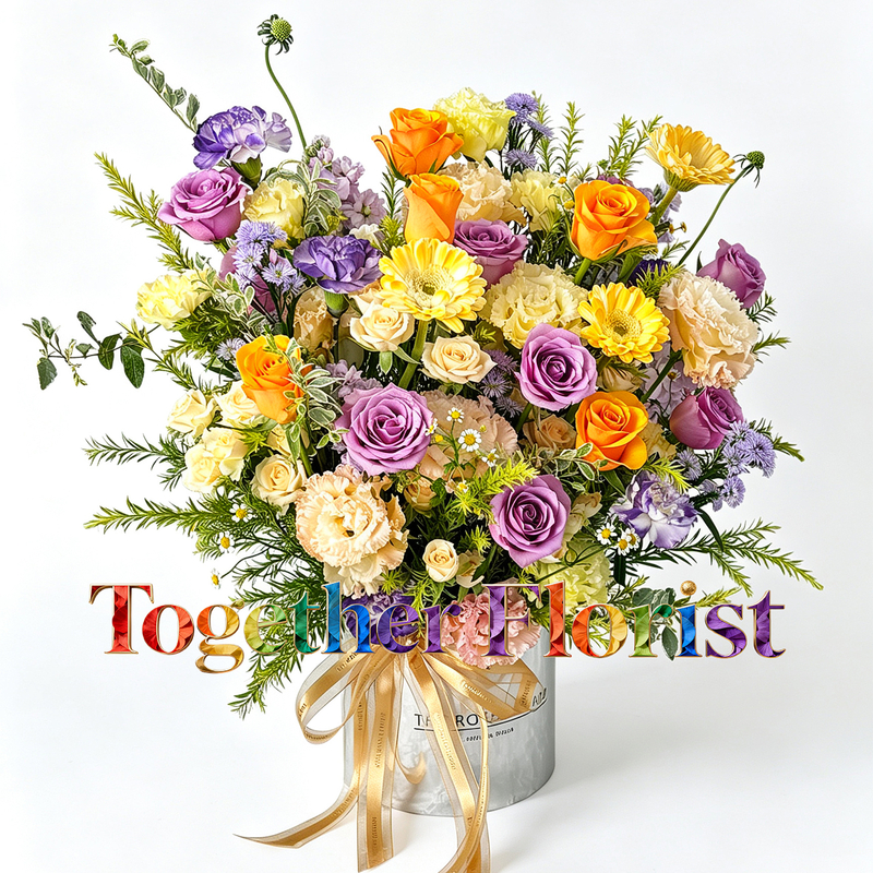 Purple roses mixed with multi-headed roses, gerbera bouquet