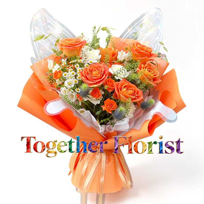 A bouquet of brilliant roses mixed with carnations, and orange Barbie multi-headed roses.