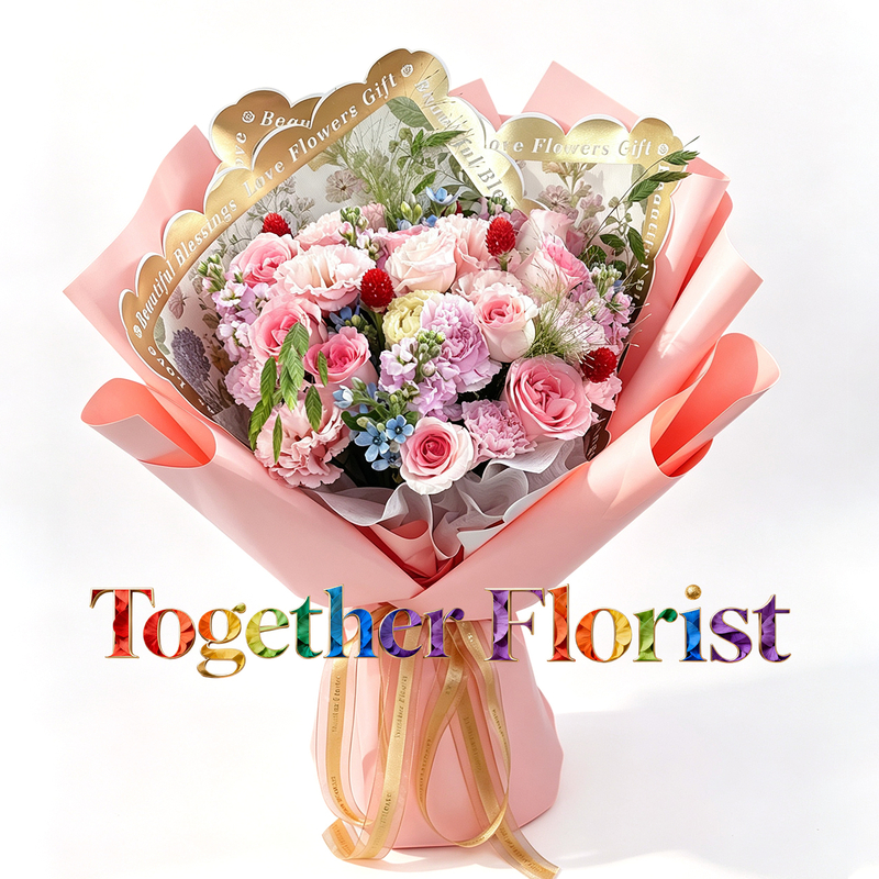 A bouquet of hibiscus roses mixed with carnations and pink lisianthus.