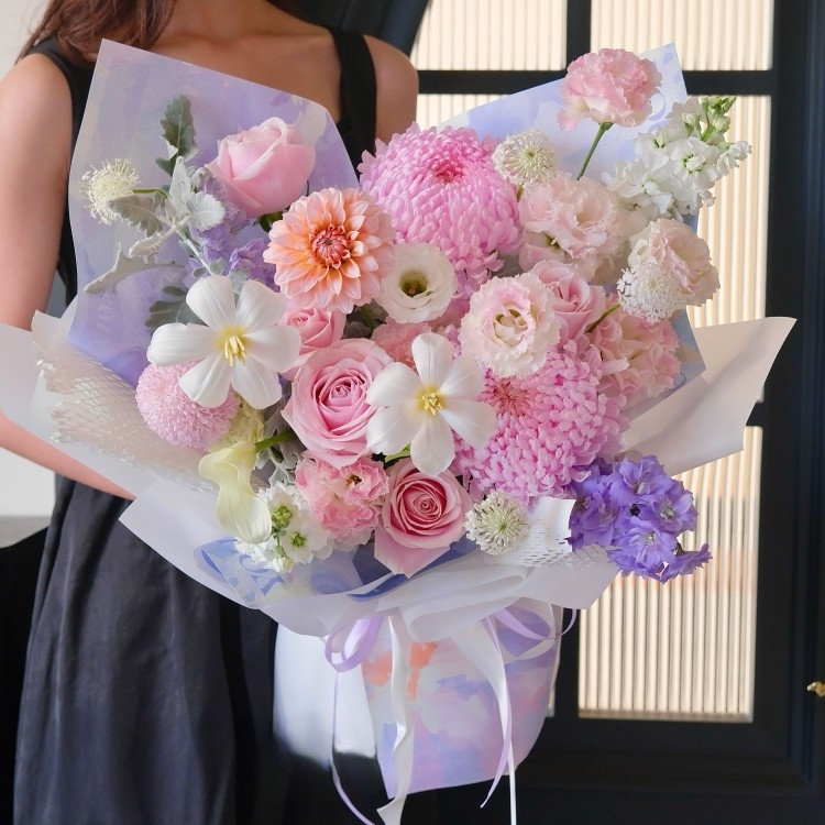 【空穀幽蘭】粉玫瑰花鬱金香大麗花紫羅蘭康乃馨混搭花束生日花束生日鮮花