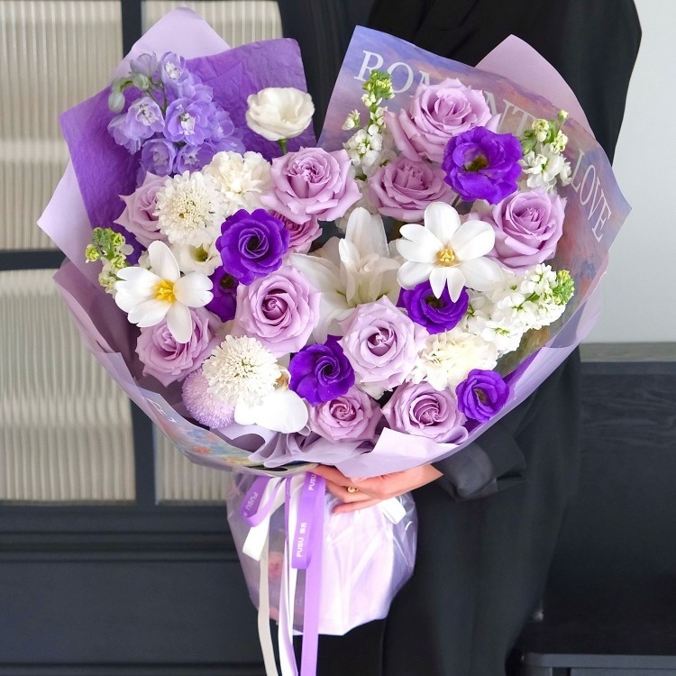 【日落夢溪】玫瑰花鬱金香紫羅蘭重瓣百合混搭花束生日花束約會花束