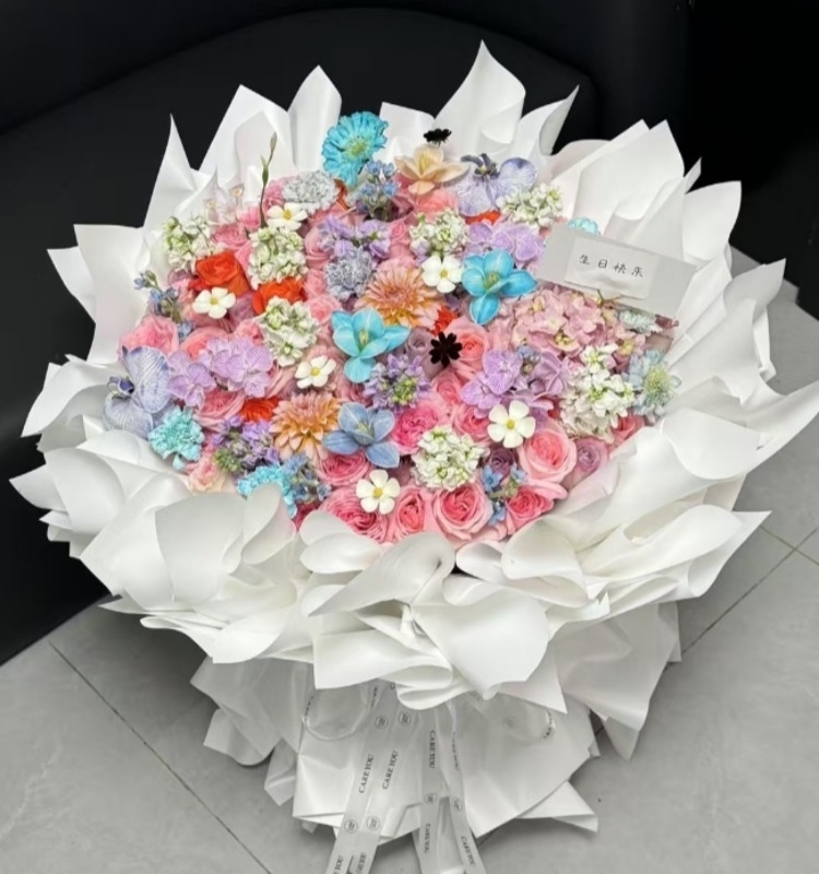 【夏日多巴胺】99朵粉色玫瑰鬱金香大麗花混搭花束送女友愛人生日花禮定制鮮花