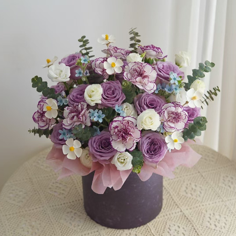 【如約而至】紫玫瑰白玫瑰混搭抱抱桶鮮花生日驚喜喬遷禮物（廣州鮮花）