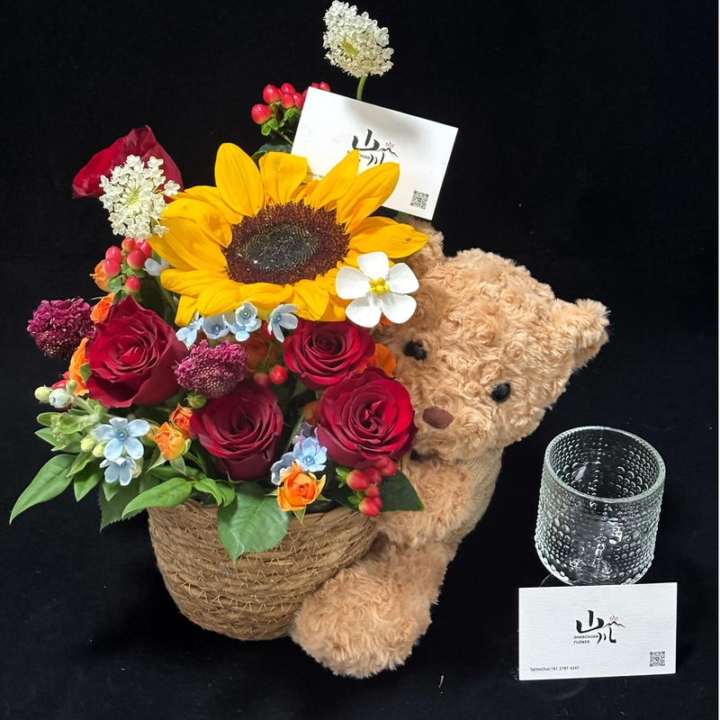 向日葵+高原紅玫瑰+時令配花fl00018-015