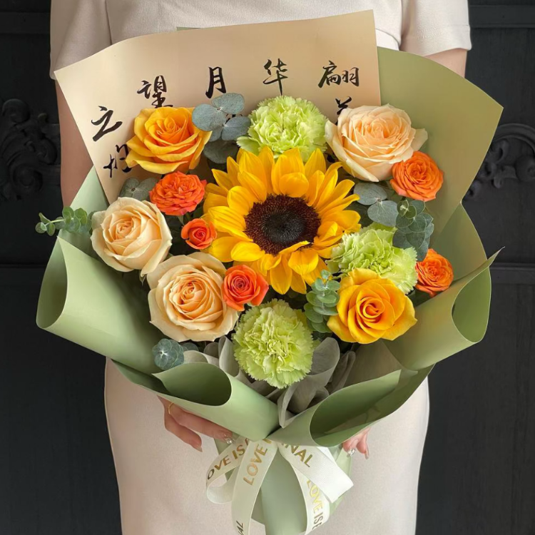 畢業花系列-10(指日可待) 向日葵+康乃馨+玫瑰+時令配花