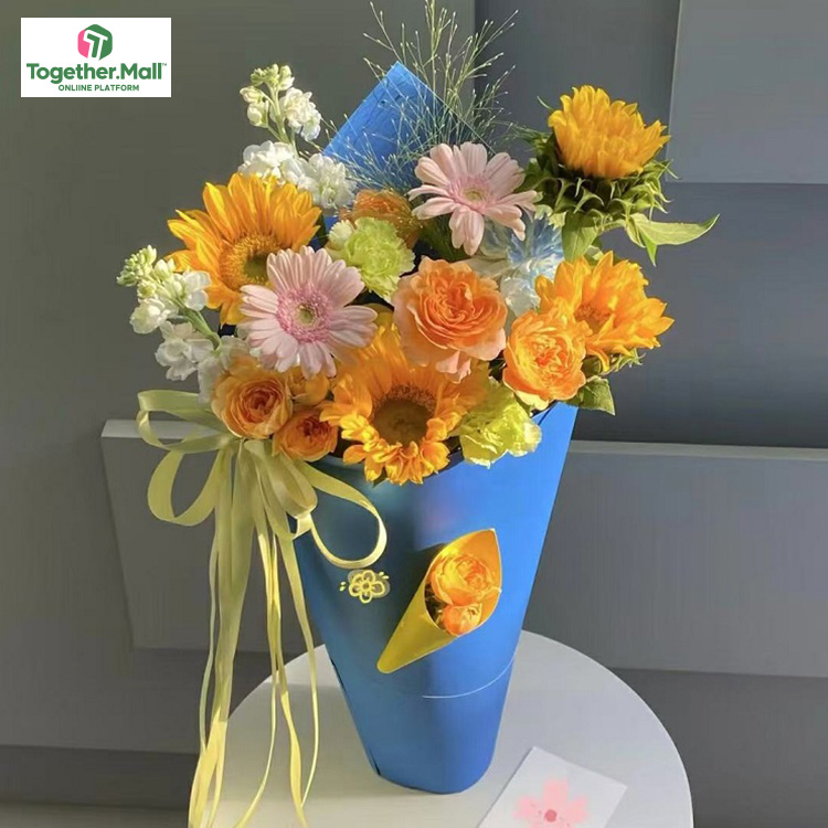 向日葵混搭玫瑰，非洲菊，紫羅蘭花束(fl00004-0006)