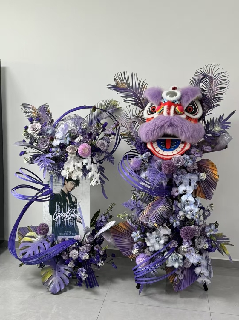 紫色醒獅花籃，大麗花混搭蝴蝶蘭、玫瑰花籃組合(fl00020-0032)