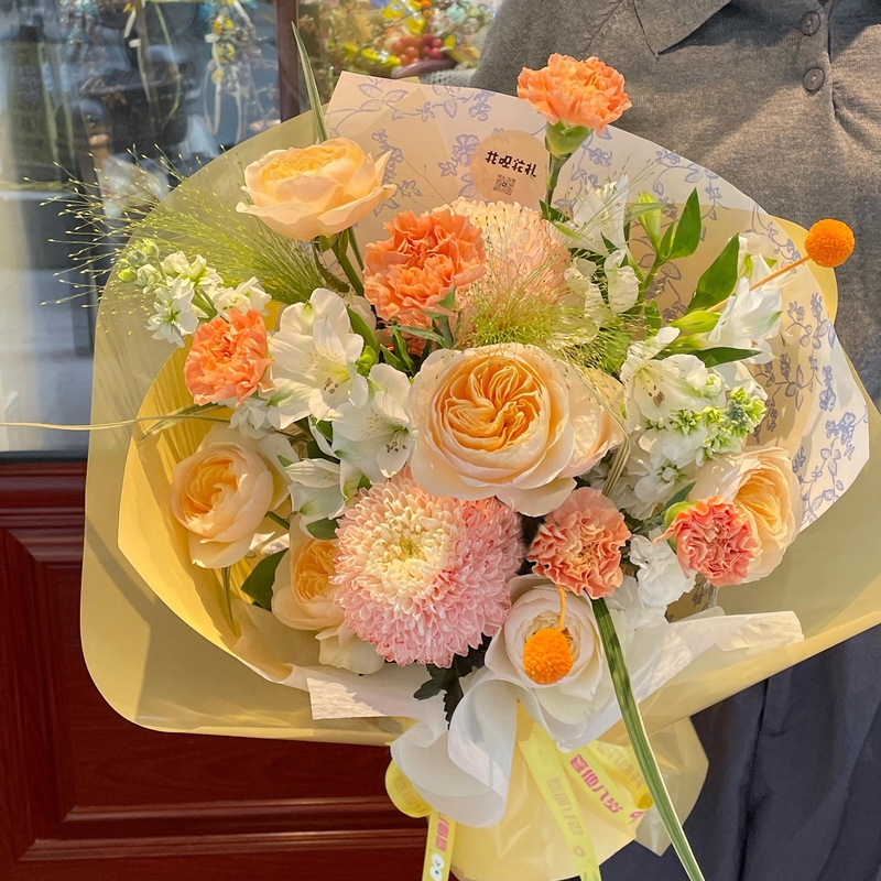 玫瑰混搭康乃馨，乒乓菊，六出花花束(fl00008-007)