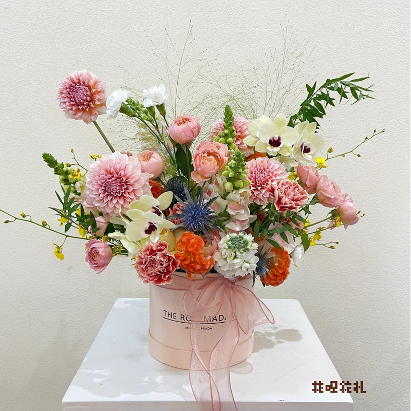 大麗花混搭蝴蝶蘭，康乃馨，玫瑰抱抱桶(fl00008-005)