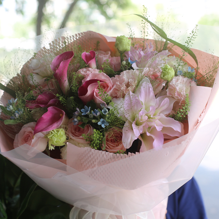 重瓣百合混搭馬蹄蓮，粉色玫瑰花束(fl00012-A026)