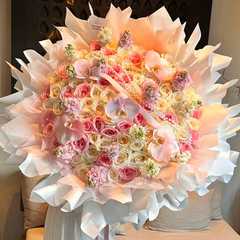 蝴蝶蘭混搭99枝玫瑰花束(fl00006-041)