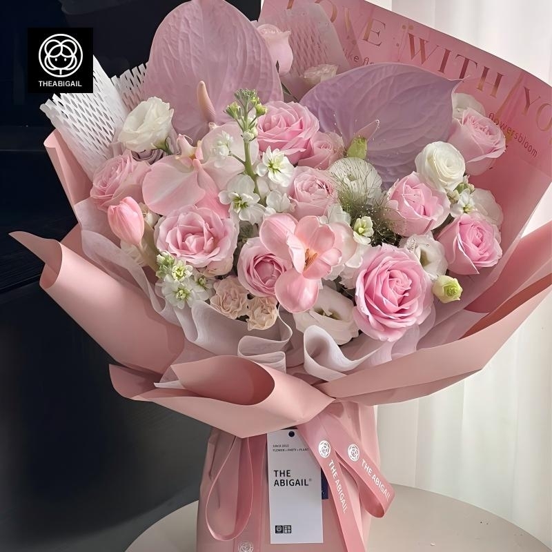 蝴蝶蘭（噴色）混搭鬱金香，粉色玫瑰花束(fl00007-004)