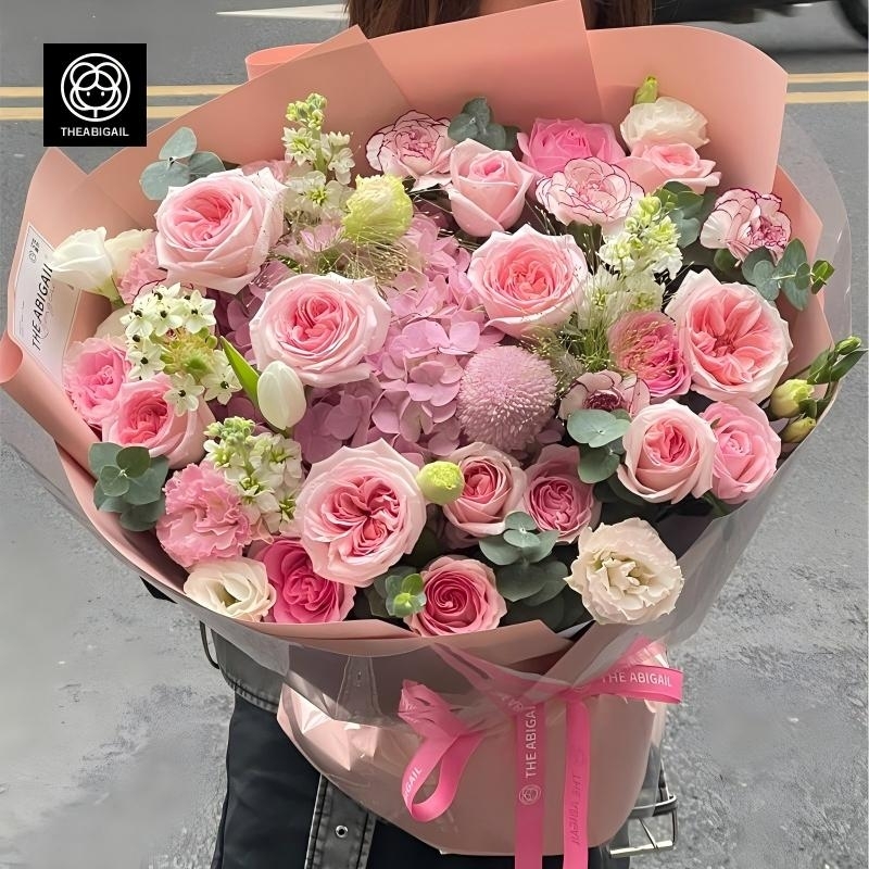 繡球混搭乒乓菊，粉色玫瑰花束(fl00007-017)