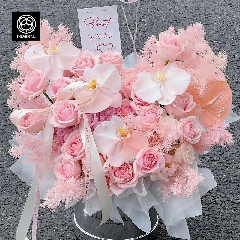 繡球混搭蝴蝶蘭，粉色玫瑰花桶(fl00007-033)