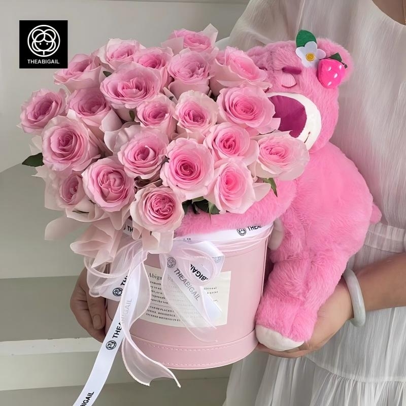 25 Pink Rose Strawberry Bear Flower Bucket(fl00007-077)