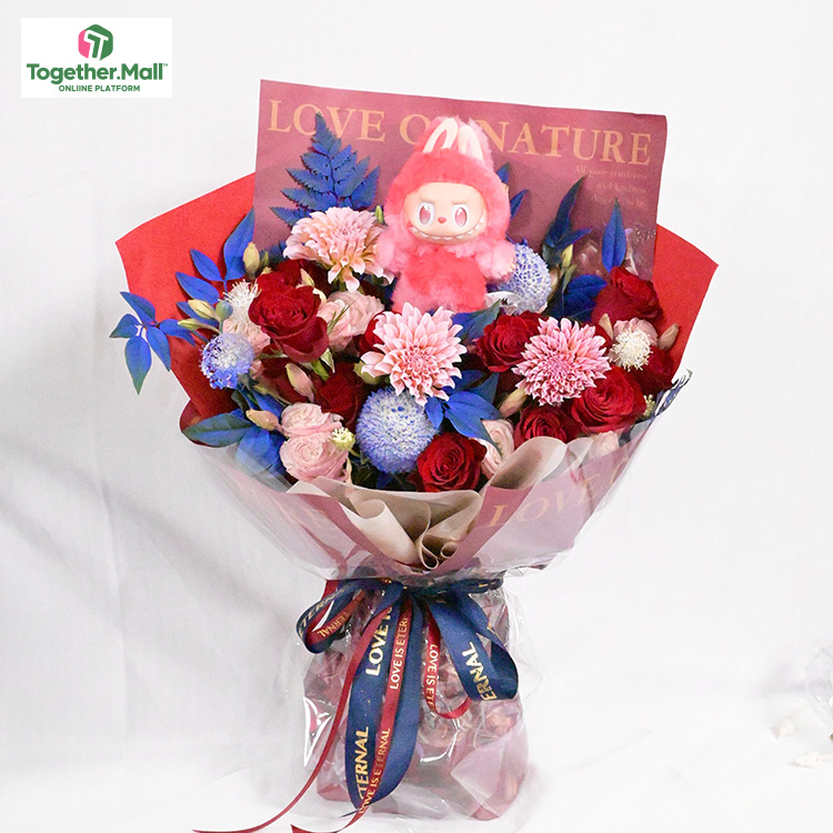 labubu混搭大丽花，红色玫瑰，乒乓菊花束(fl00009-0058) labubu款需要提前5天预定
