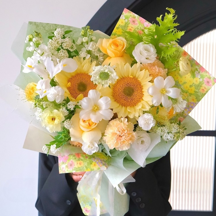 向日葵混搭鬱金香，香檳玫瑰花束(fl00022-0019)