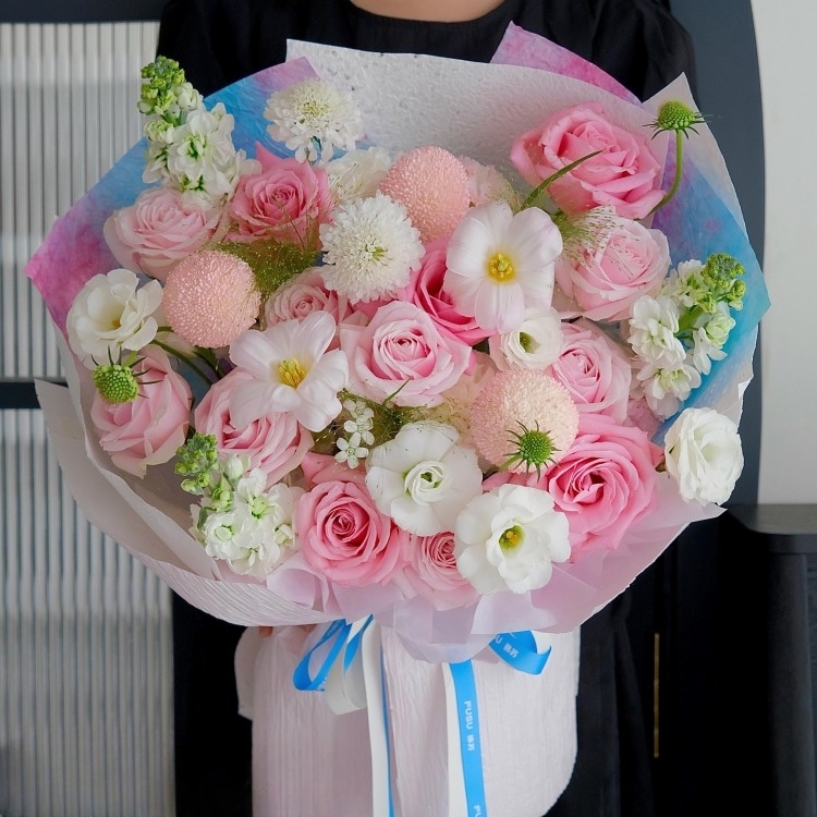 鬱金香混搭乒乓菊，粉色玫瑰花束(fl00022-0050)