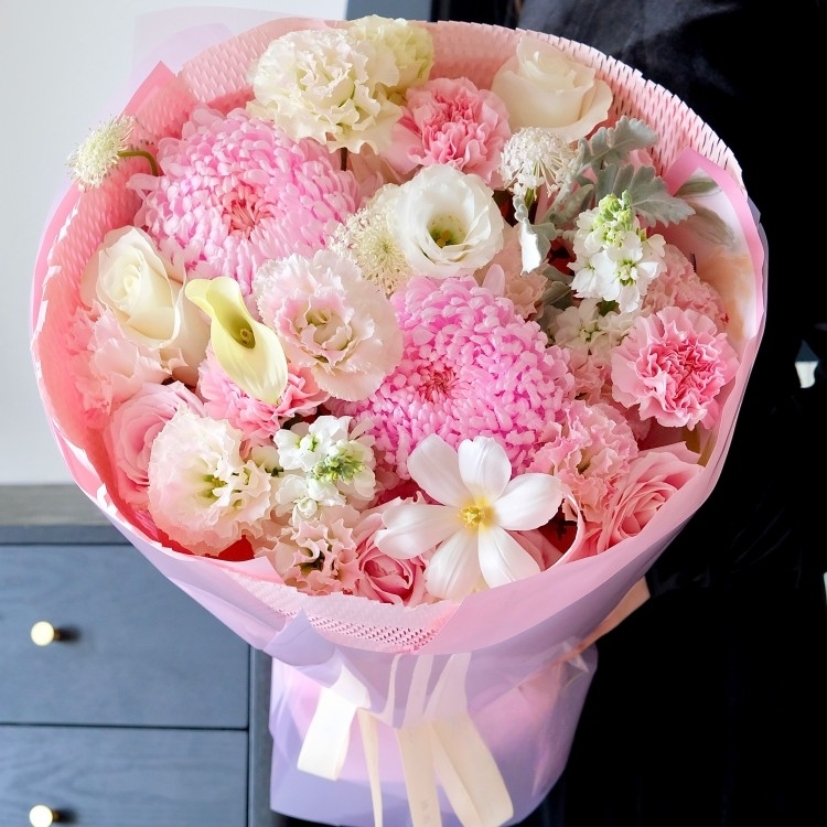 牡丹菊混搭鬱金香，粉色玫瑰花束(fl00022-0053)