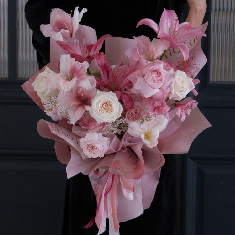 Pink Lady Lily, Tulip and Pink Rose Mixed Bouquet(fl00022-0068)