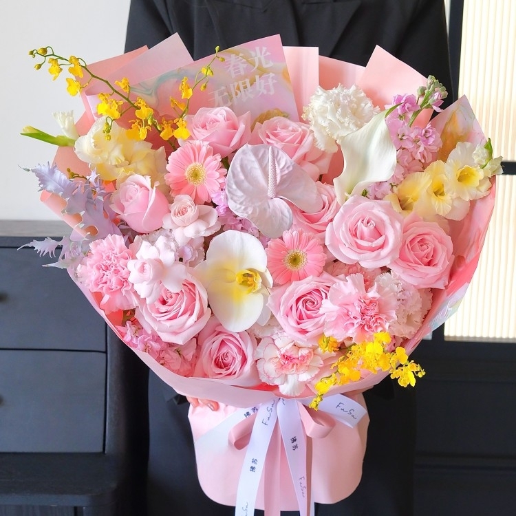 Phalaenopsis (Spray Color)，Pink Roses and gerberas  Mixed Bouquet(fl00022-0080)