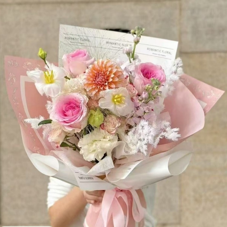 粉色玫瑰混搭大麗花，重瓣花花束(fl00024-004)