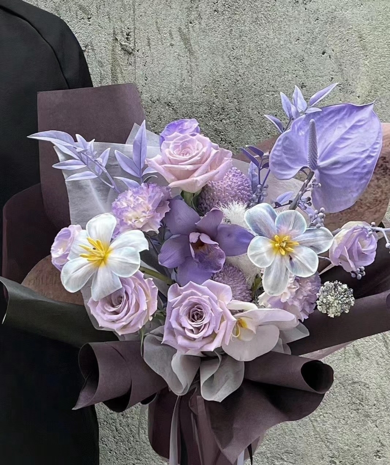 牡丹菊混搭重瓣百合、鬱金香（噴色）花束(fl00025-0027)