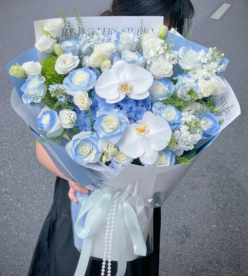 碎冰藍玫瑰（噴色）混搭蝴蝶蘭、紫羅蘭花束(fl00011-0025)