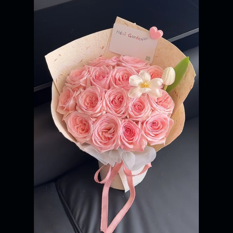 15枝粉色玫瑰混搭鬱金香花束(fl00023-0030)