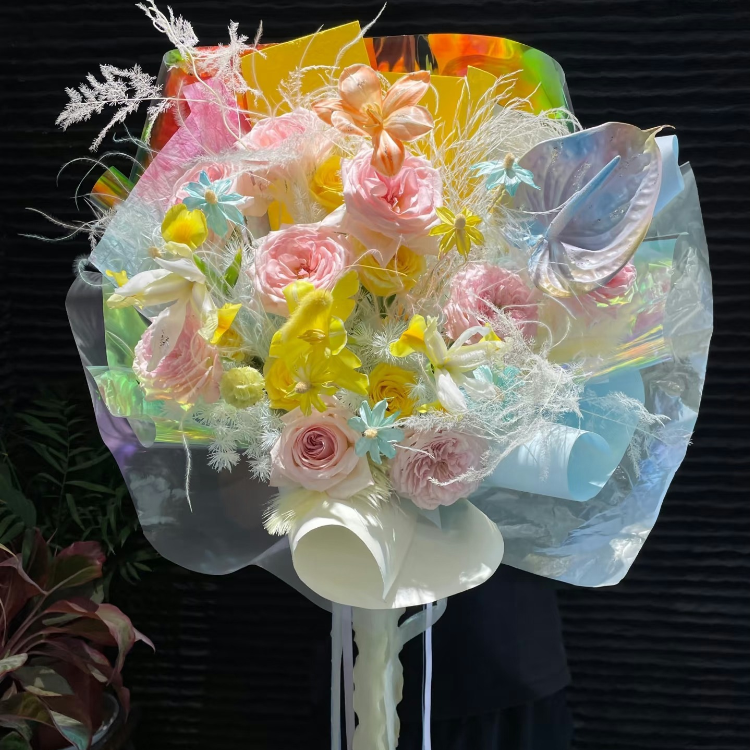 玫瑰混搭藍掌(噴色）、鬱金香花束(fl00023-0015)