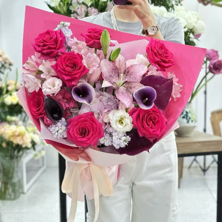 弗洛伊德玫瑰混搭百合，馬蹄蓮，六出花花束(fl00021-009)