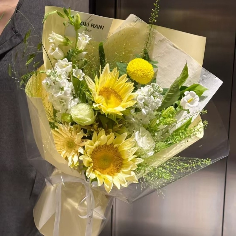 向日葵混搭乒乓菊，紫苑花花束(fl00019-0016)