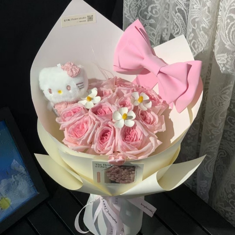 18枝粉色玫瑰混搭雛菊花束(fl00019-0022)