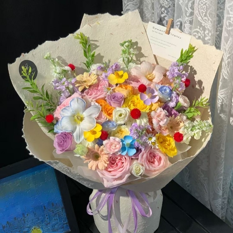 玫瑰混搭洋桔梗，小雛菊，風信子花束(fl00019-0050)