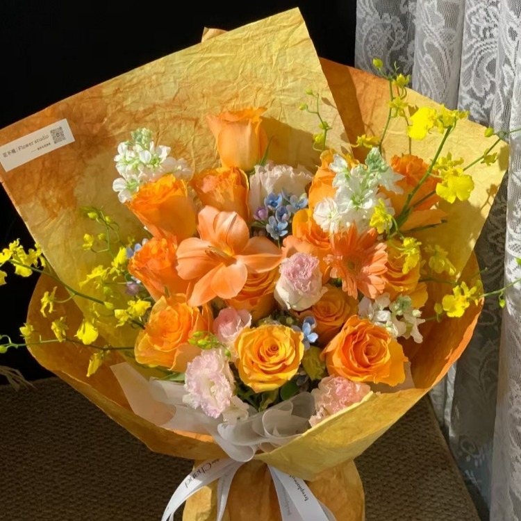橙色玫瑰混搭非洲菊，百合，文心蘭花束(fl00019-0054)