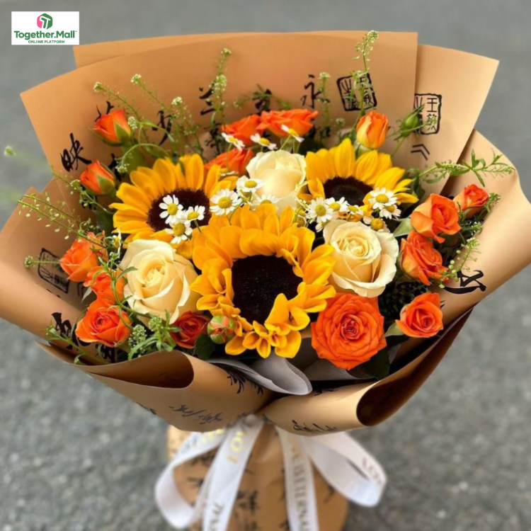 Sunflower, Champagne Rose and Multi-headed Rose Mixed Bouquet(fl00026-0117)