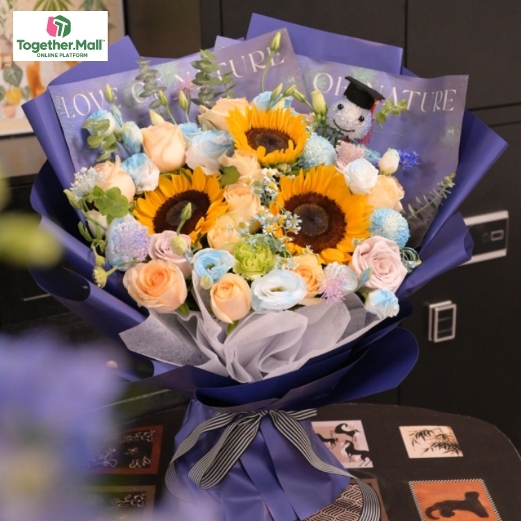 Sunflower mixed with roses and pompon chrysanthemums bouquet(fl00026-0070)
