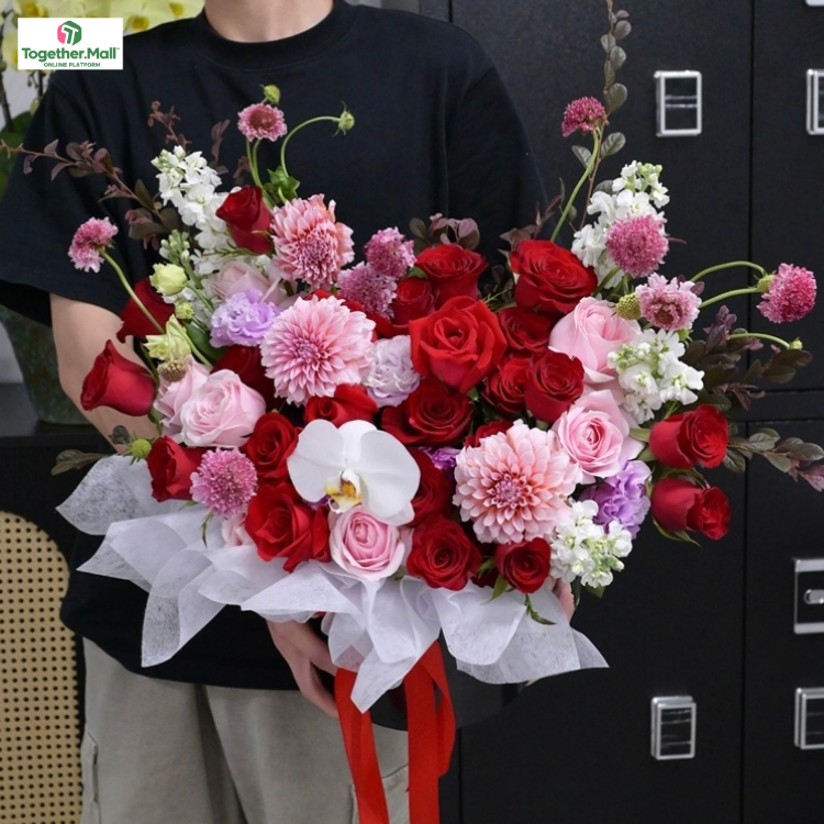 大麗花混搭玫瑰、蝴蝶蘭花桶(fl00026-0044)