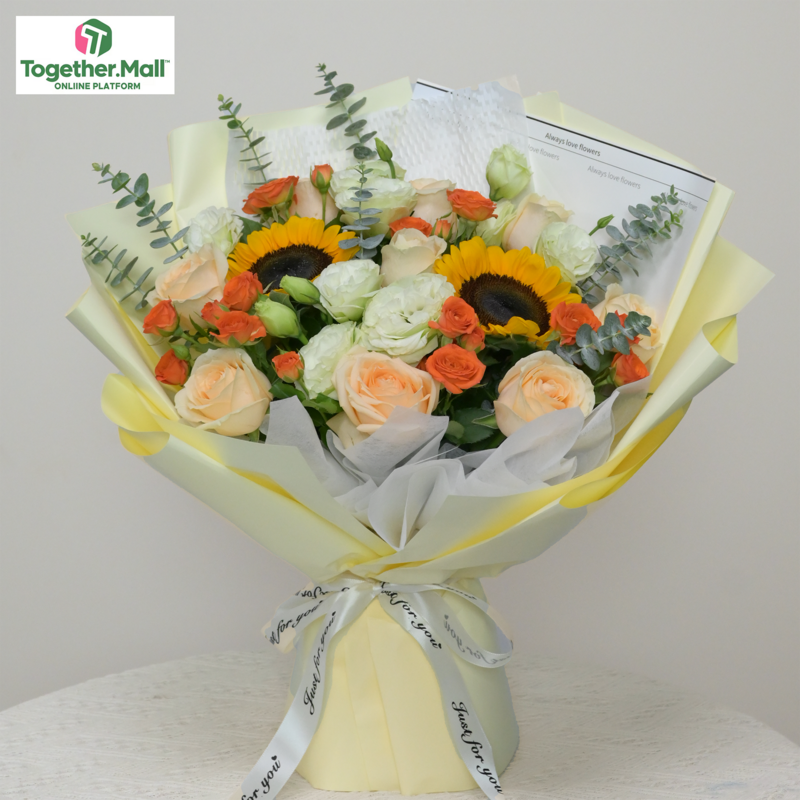 Sunflower and Champagne Rose Mixed Bouquet(fl00026-0075)