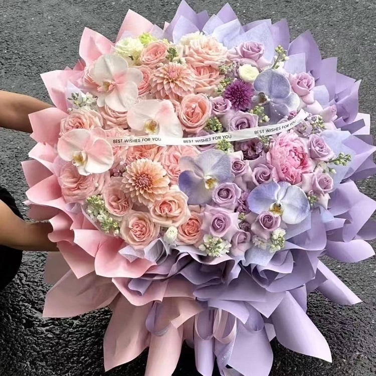 玫瑰混搭大麗花，蝴蝶蘭，紫苑花花束(fl00004-0001)
