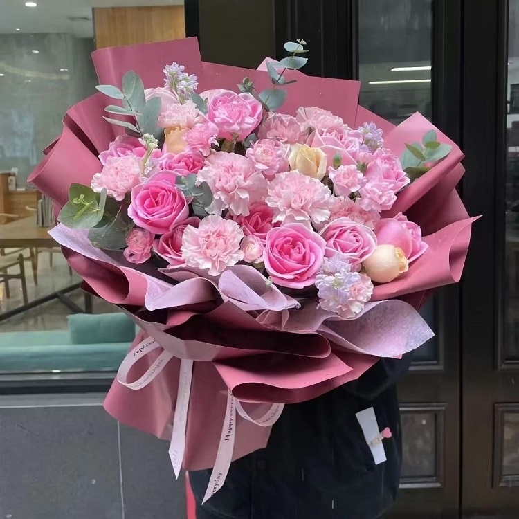 玫瑰混搭康乃馨，蕾絲花花束(fl00004-0002)